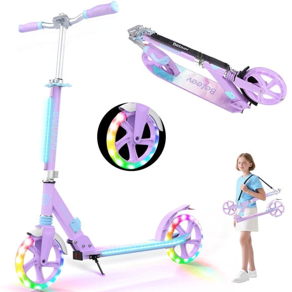 BELEEV Scooters for Kids Ages 6  with Light-Up Deck, 2 Wheel Folding Scooter for Adults Teens, 4 Adjustable Height, Lightweight Sport Commuter Scooter, Purple