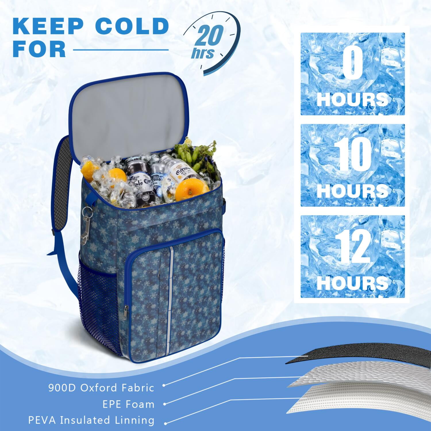 Travel Cooler Bag - Blue Christmas Snowflake Pattern Camping Beer Cooler Backpack with Bottle Opener- Waterproof Insulated Picnic Backpacks - Cooler Bag for Beach