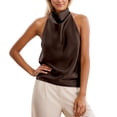 thumbnail image 2 of CUZIBR Tank Tops For Women Sleeveless Halter Neck Elegant Satin Camisole Solid Color Ruched Lightweight Layering Loose Fit Casual Stilish Backless Shirt Summer Party Beach Stylish Cami,Brown,L, 2 of 4
