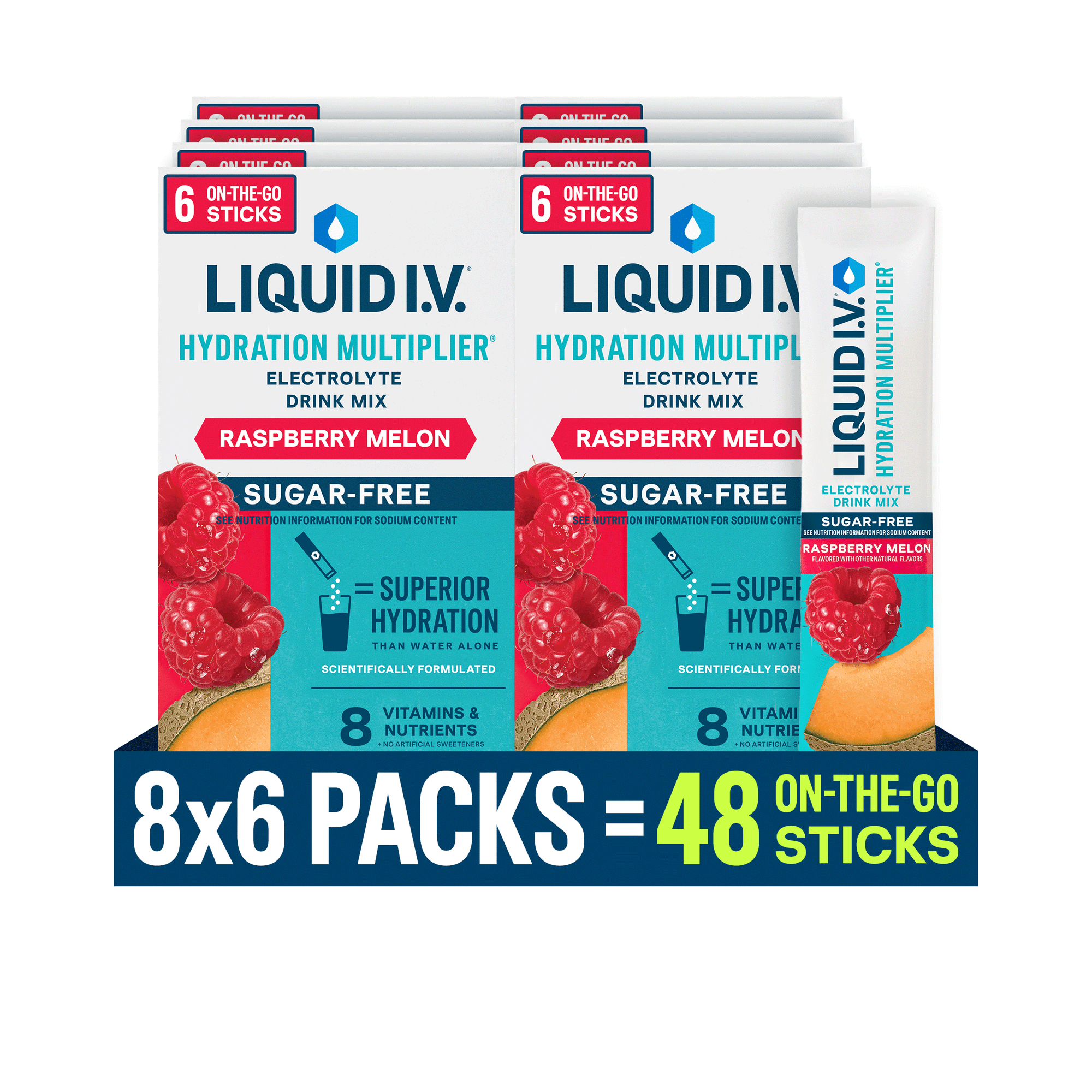 (8 pack) Liquid I.V.® Raspberry Melon Hydration Multiplier® Sugar-Free Powdered Electrolyte Drink Mix, 6 Count Packets