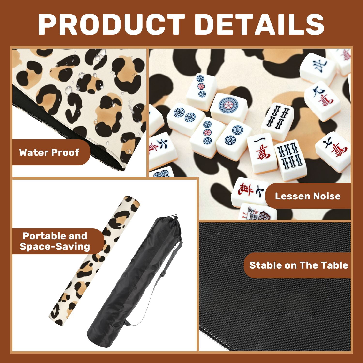Mahjong Mat 31.5" x 31.5" Animal print leopard texture Non-Slip Noise Reduction American Mahjong Tiles Table Cover for Dominoes Poker Card Board Games Gift