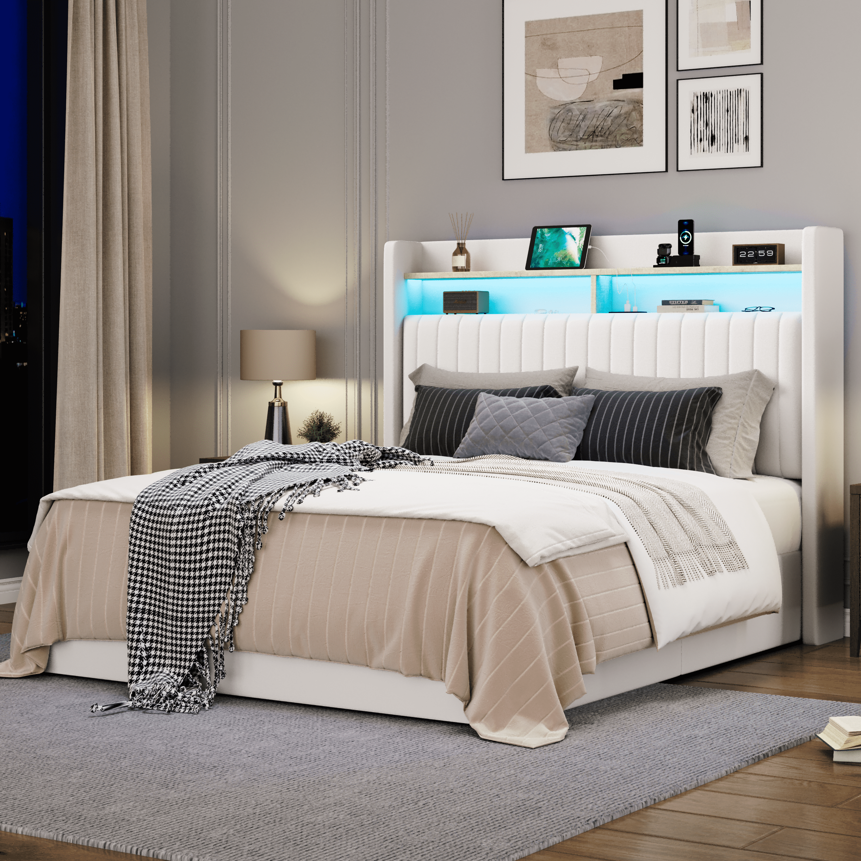 Amolife Full Hydraulic Lift-Up Storage Bed Frame, LED Headboard with Fast Charging (USB/Type-C), 2-Tier Shelves & Velvet Upholstered, White