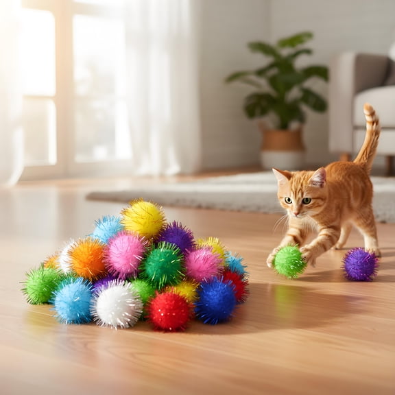 20Pcs Cat Glitter Pom Poms Interactive Tinsel Balls Sparkling Plush Chasing Toy for Indoor Kittens and Cats, Multicolor