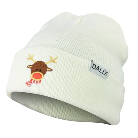 DALIX Rudolph Beanie Christmas Holiday Winter Stocking Hat in White