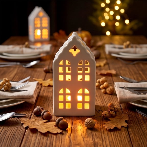 White Ceramic Christmas Village House Candle Holder, Hollow Cut Mini Building Figurine for Tea Light Display on Mantel Shelf Table and Winter Seasonal Decor