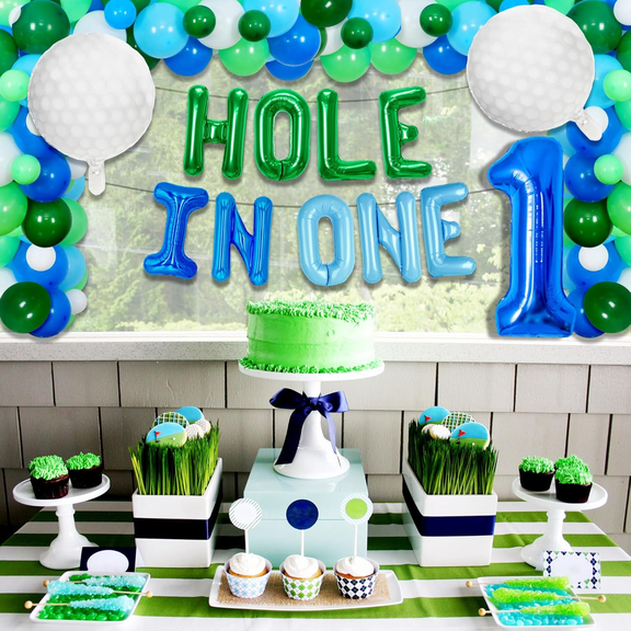 Golf Hole-in-One First Birthday Decor Set - Foil Number 1   Green, Blue, and White Themed Balloon Combo for Party Decoration