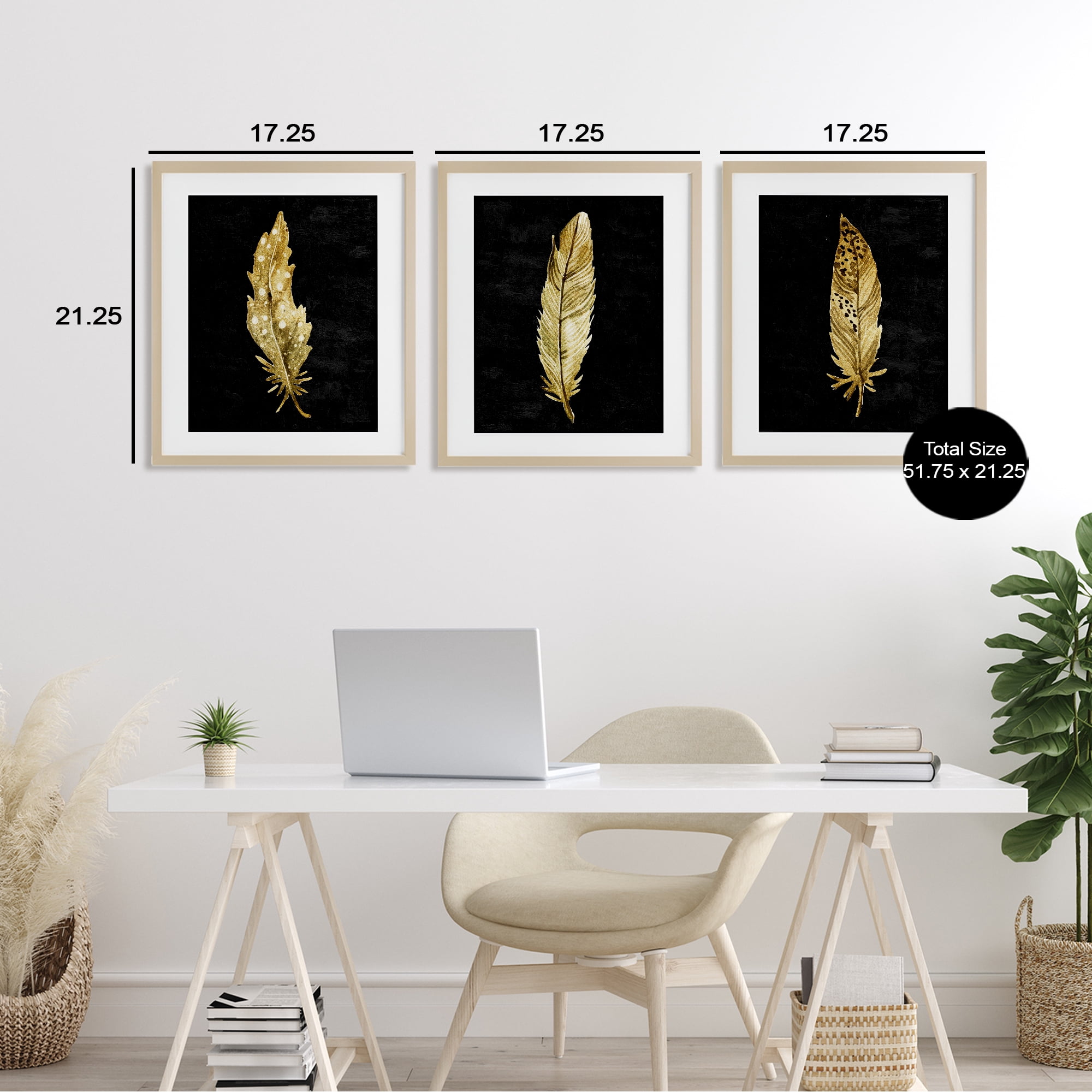Black & Gold Feathers 3 Piece Birch Framed Print Under Glass Set, design by Kim Allen