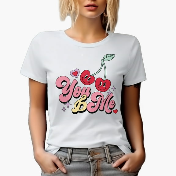You & Me with Cherries, Retro Valentine's Day Art Merch Gift, White T-Shirt, Small