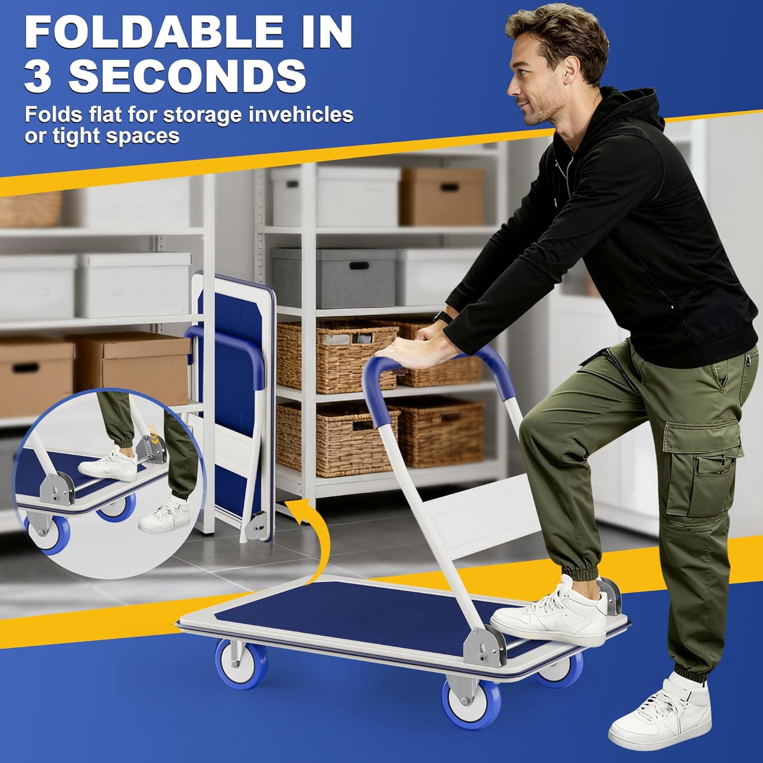 Foldable Push Cart Dolly | 660 lbs. Capacity | Heavy Duty Moving Platform Hand Truck with Swivel Wheels | Small Flatbed Cart | Space Saving Push Handle-b6