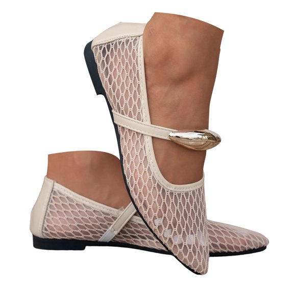 Dakaela Mesh Ballet Flats for Women Pointy Toe Mary Jane Ballerina Flats Shoes Women's Fishnet Flat Sandals for Dressy Summer Beige,5.5