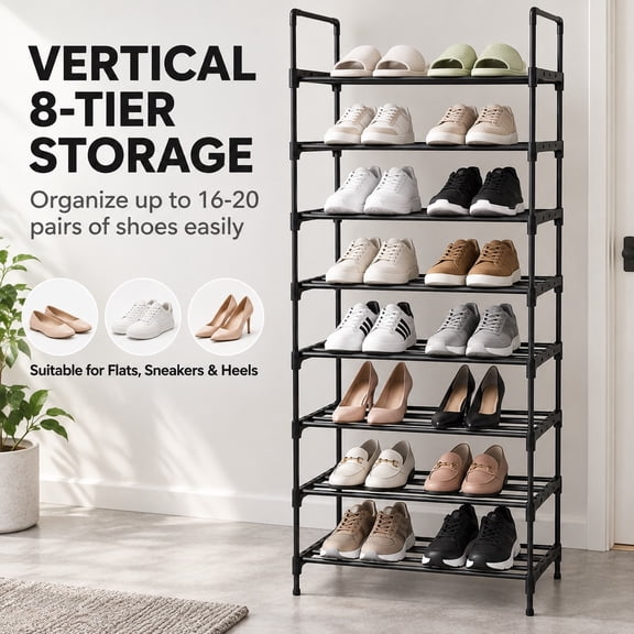 8-Tier Carbon Steel Shoe Rack, Freestanding Slim Shoe Storage Organizer, Heavy Duty Shoe Shelf for Entryway, Closet, Bedroom & Hallway