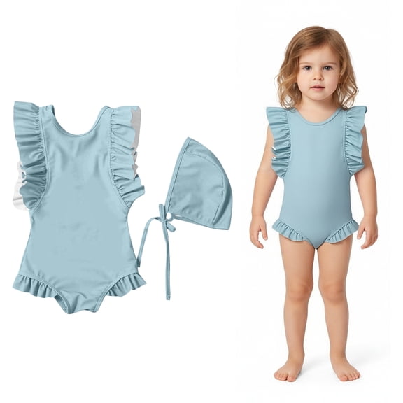 Toddler Swimsuits Ruffle 1-Piece Bathing Suits Quick Dry Swimwear with Cap Toddler Swimsuit Girls 12-24 Months