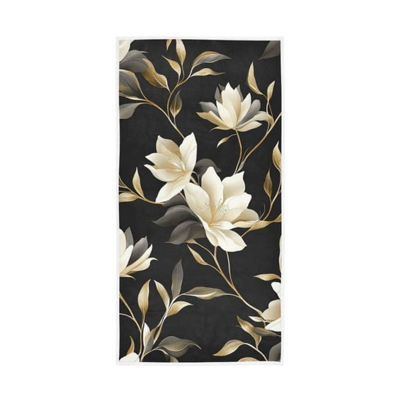 White Floral Pattern on Black Face Towel Absorbent Hand Towels Bath Sport Gym