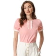 thumbnail image 1 of Allegra K Camiseta de manga corta con volantes de algodón para mujer Blusa informal con media tapeta y encaje con volantes Rosa S, 1 of 5