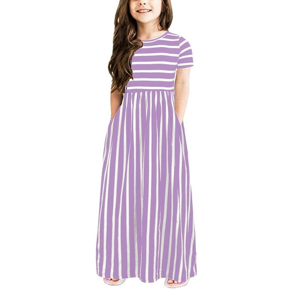 Coerni Girl's Short Sleeve Stripe Casual Long Maxi Dress Toddler Kids Summer Loose Dresses with Pockets 2 to 12 Years