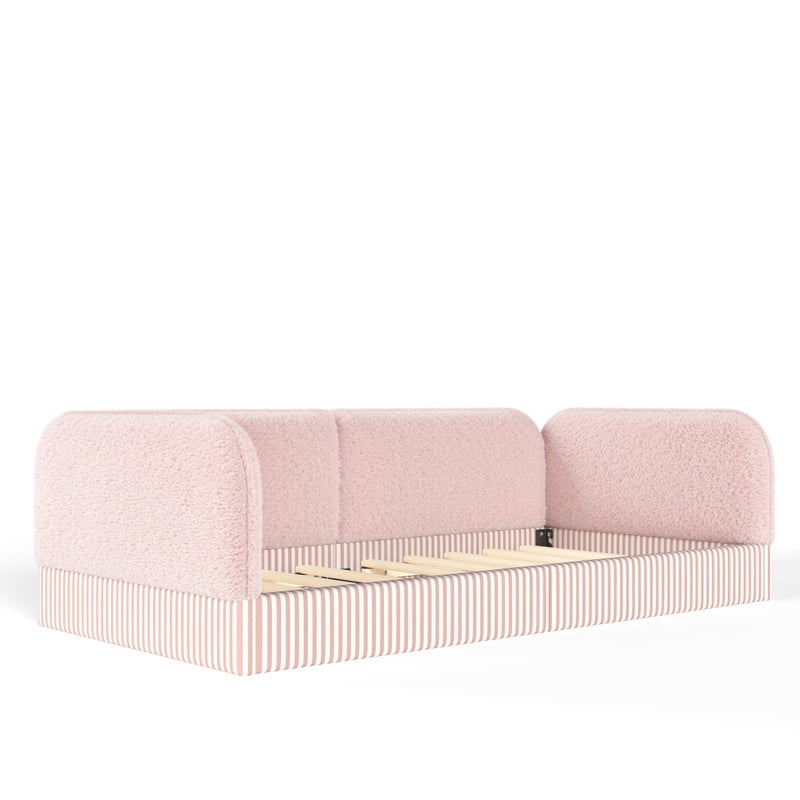 Twin Size Upholstered Floor Daybed Frame for Kids, Half-Enclosed Montessori Platform Bed with 3-Sided Surrounding Guardrails