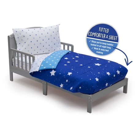 Toddler Bedding Set | Boys 4 Piece Collection | Fitted Sheet Flat Top Sheet w/ Elastic bottom Fitted Comforter w/ Elastic bottom Pillowcase | Delta Children | Boys Starry Night | Blue Stars