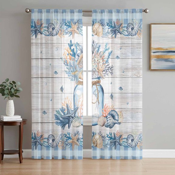 Blue Coastal Sheer Curtains 72 Inch Length 2 Panels Set, Nautical Starfish Conch Coral Bottle Wooden Voile Window Treatment Rod Pocket Curtains Sheers for Bedroom/Living Room/Kitchen 52"x72"x2