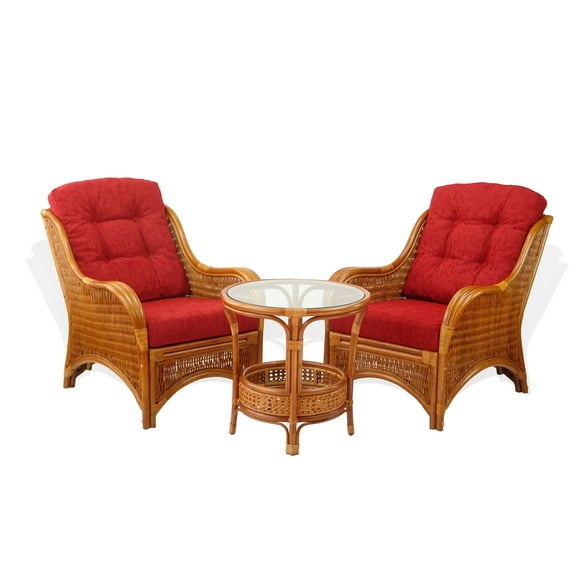 SK New Interiors Set of 2 Natural Rattan Wicker Jam Chairs w/Burgundy Cushions and Round Coffee Table w/Glass, Colonial