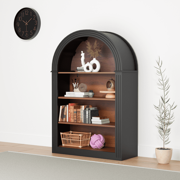 Bookcase, 4-Shelf Tall Bookshelf, 45.66" Wood Open Display Floor Arched Bookcase, Large Storage Organizer for Library, Bedroom, and Living Room (Black)