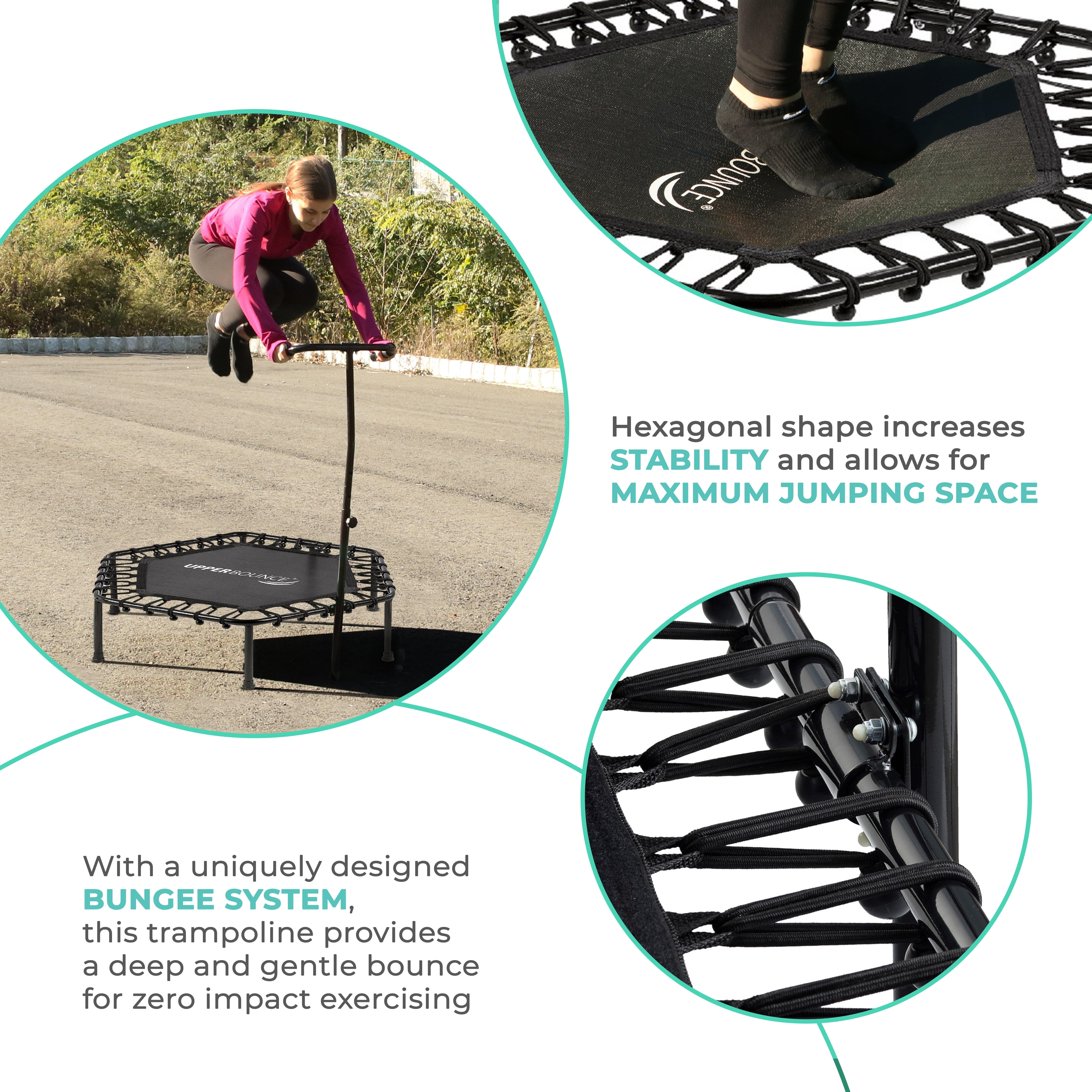 Upper Bounce 50" Mini Trampoline with Adjustable T-Shaped Handrail – Hexagonal Rebounder Fitness Trampoline for Kids & Adults - No Pad