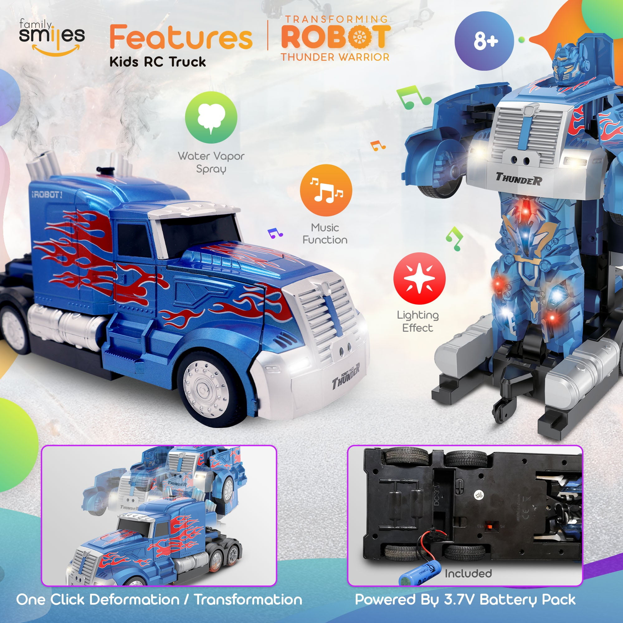 Family Smiles Kids Transforming Robot RC Truck Toys Boys Ages 8-13 Remote Control Car Gift