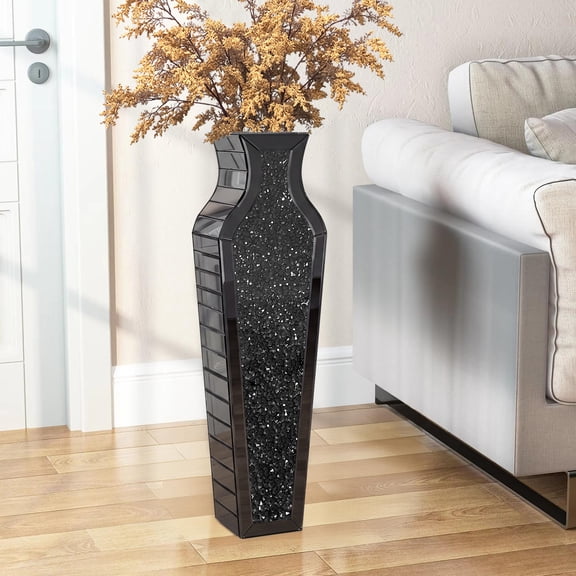 27" Tall Crushed Diamond Floor Vase, Black Large Vases for Decor Living Room, Crystal Mirrored Home Decor Vases for Dried Flower