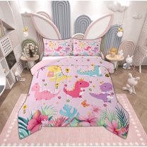 Manfei Teens Kawaii Dinosaur Full Size Comforter Sets, Cute Cartoon Animal Bedding Comforter Set, Palm Flower Botanical Reversible Bedding Sets, Breathable Home Decor, 3 Pieces