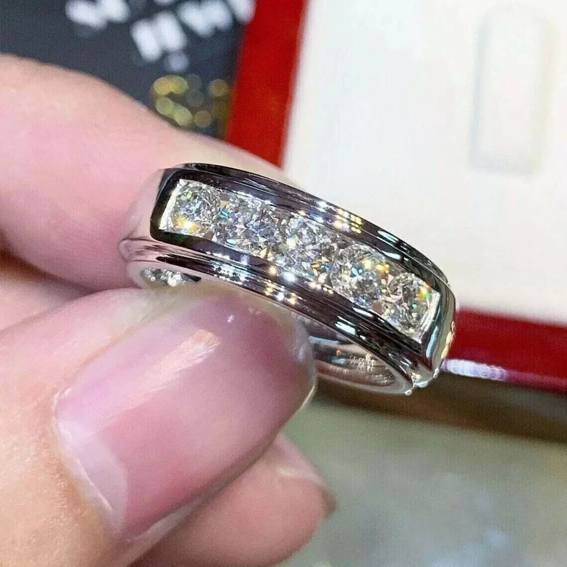 14k White Gold Plated 2Ct Round Cut Moissanite Men's Wedding Band Ring