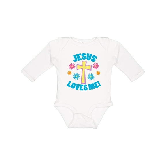 Inktastic Easter Jesus Loves Me with Cross and Flowers Boys or Girls Long Sleeve Baby Bodysuit