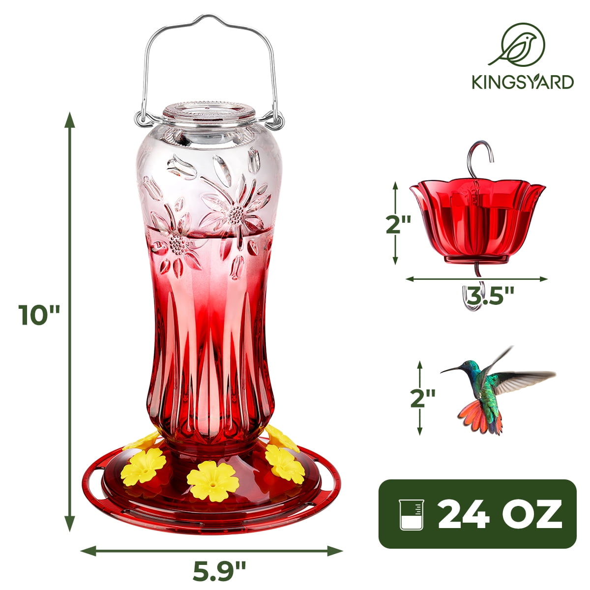 Kingsyard Hummingbird Feeder for Outdoors Hanging, 25 Ounces Leak Proof, Glass Humming Bird Nectar Feeder with Ant Moat & 6 Bee Guard Feeding Ports, Red Gradient