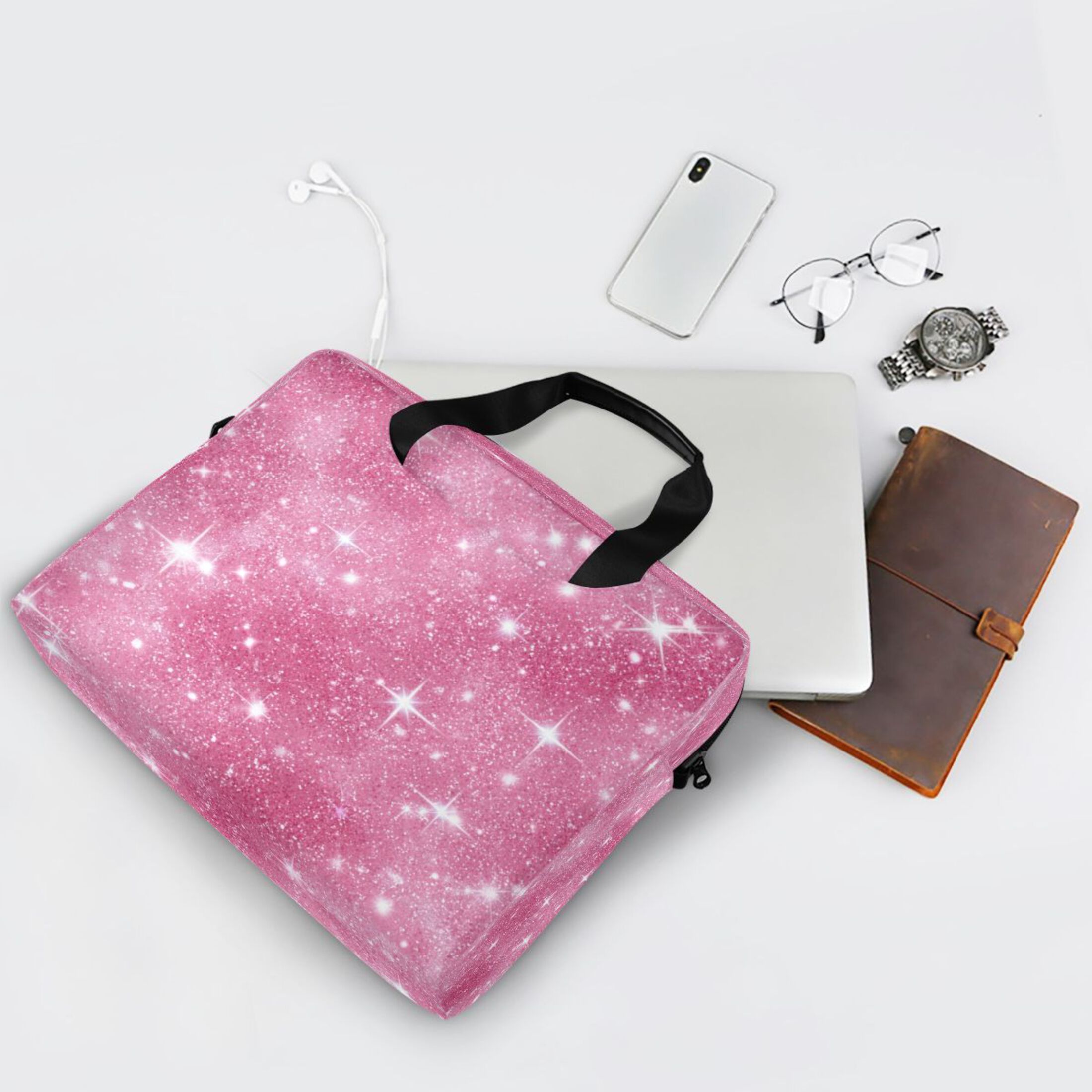 16" Laptop Tote Bag Laptop Sleeve Case Computer Briefcase for Work & Travel Pink Glitter Background