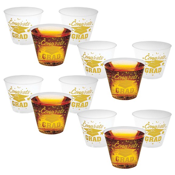 Fun Express Congrats Grad Disposable Plastic Cups with Gold Foil Small 9 oz. Bulk 200 Ct
