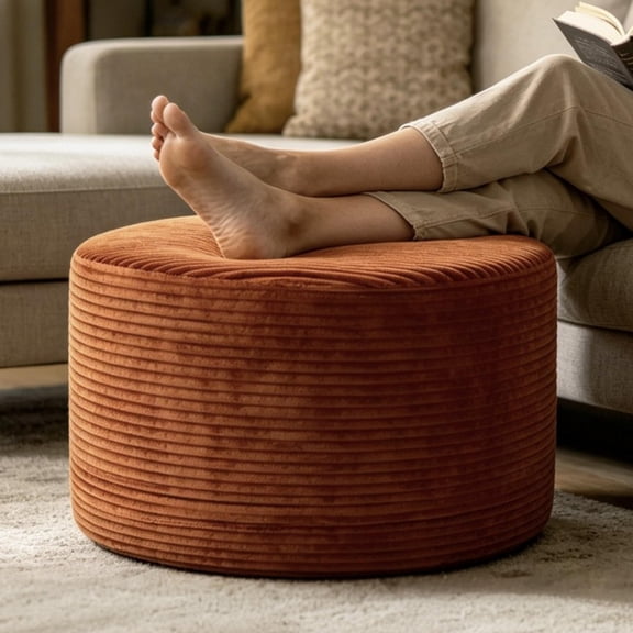 Round Ottoman Pouf, Plush Corduroy Foot Stool with High-Density Memory Foam, Footrest Side Table for Living Room Bedroom Home Decor, 17"x13", Deep Grey
