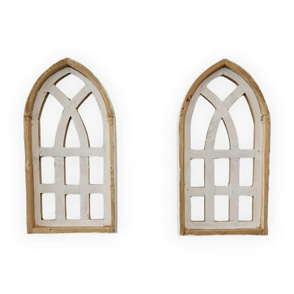 Set of 2 Mini Farmhouse Wood Whitewaters Cathedral Windows, Wood Window - Farmhouse White Mini Cathedral