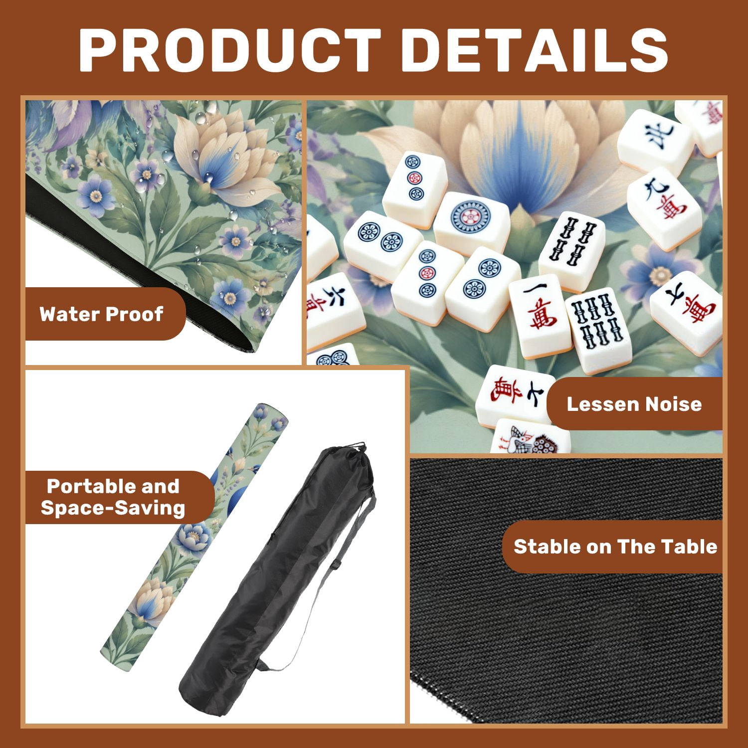 Mahjong Mat 31.5" x 31.5" Blue Purple Peacocks Floral Geometric Patterns Soft Tones Non-Slip Noise Reduction American Mahjong Tiles Table Cover for Dominoes Poker Card Board Games Gift