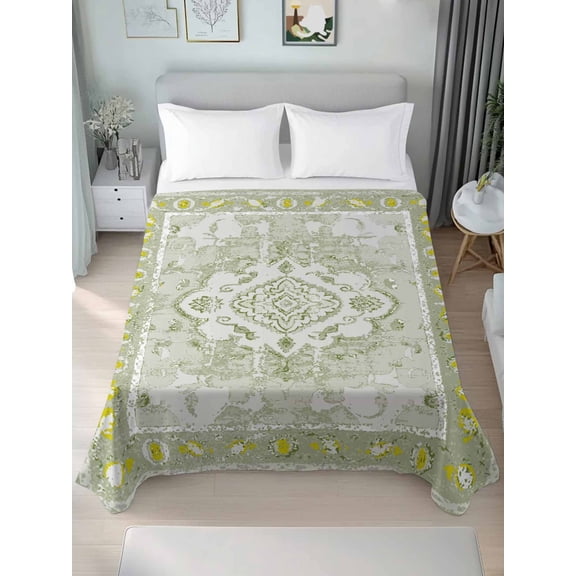 Sage Green California King Size Flat Sheet, Wrinkleproof & Fadeproof Cooling Flat Bed Sheet Only, Boho Retro Decorative Abstract Floral Ethnic Breathable Soft Bedding Top Sheets 108 x 98 Inches