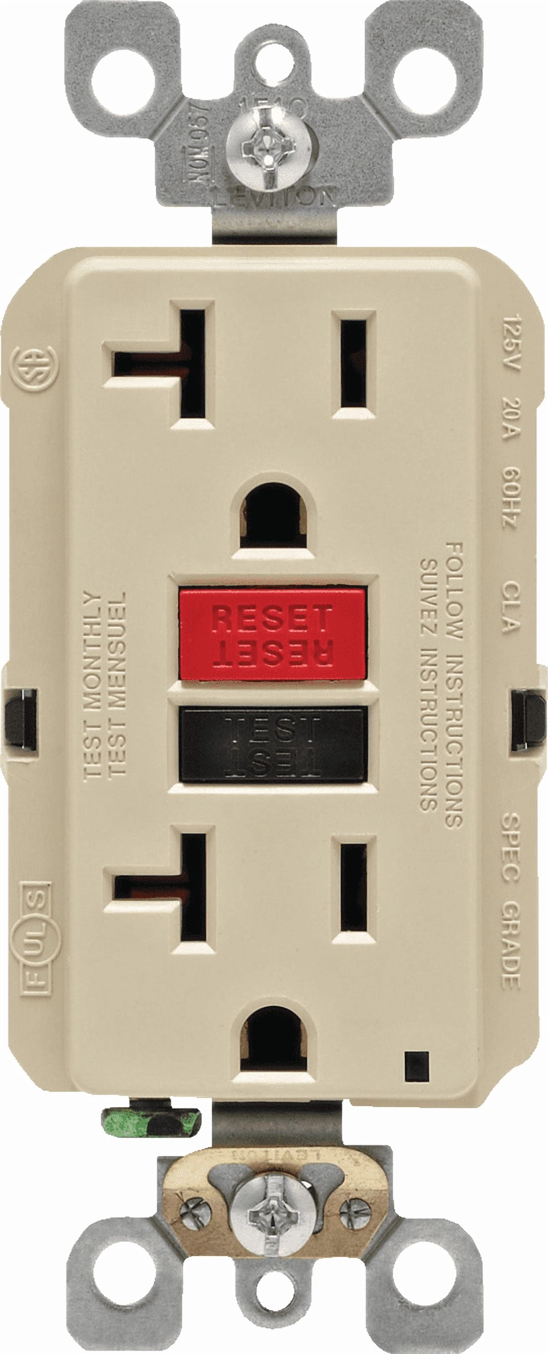 Leviton GFCI Receptacle in Ivory — UL Listed for US Residential Electrical Code Compliance, Drop-in NEC-Standard Wiring