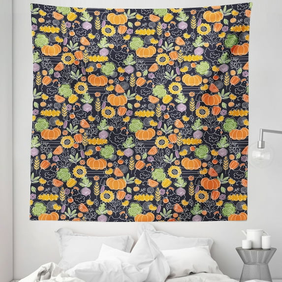 Pumpkin Tapestry, Chicken Autumn Season Foliage Maple Trees Pepper Orderly Repeated Pattern Art, Fabric Wall Hanging Decor for Bedroom Living Room Dorm, 5 Sizes, Multicolor, by Ambesonne