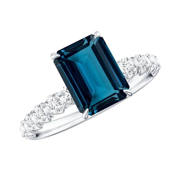 London Blue Topaz Solitaire Ring with Diamond Side Stones for Women -2.2 Carat, 925 Sterling Silver, US 4.00