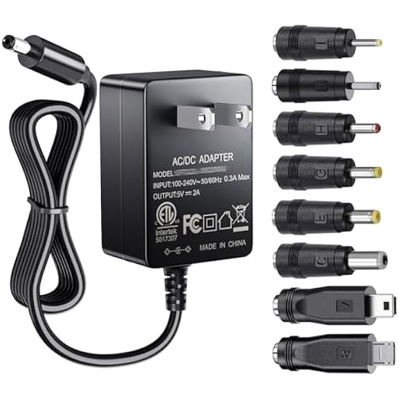 5V 2A Power Supply Adapter 10W AC100-240V to DC 5 Volt 2Amp Versatile Charger Cord with 8 Plugs for USB Hub TV Box Tablet Camera Speaker GPS Webcam Router and More 5vdc Electronics, 5FT