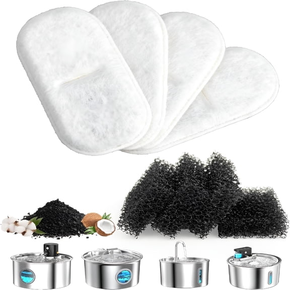 HIBIBUD Cat Water Fountain Filter Replacement: 4 Carbon Filters & 4 Foam Sponges Kitty Spout Pump Filters for Stainless Steel Pet Water Dispenser Cat/Dog