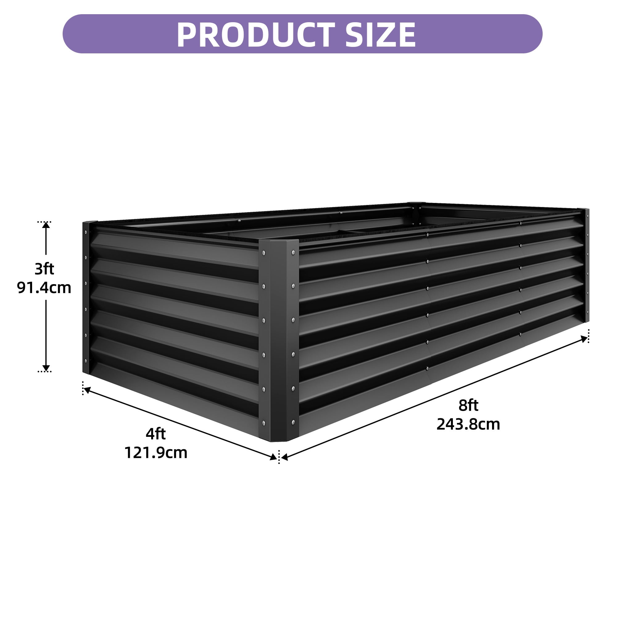 Uforic 8x4x3ft Large Galvanized Metal Raised Garden Bed Kit with Gloves, Support Rod & Safety Rubber, Outdoor Above Ground Planters for Plants Vegetables Flowers, Black