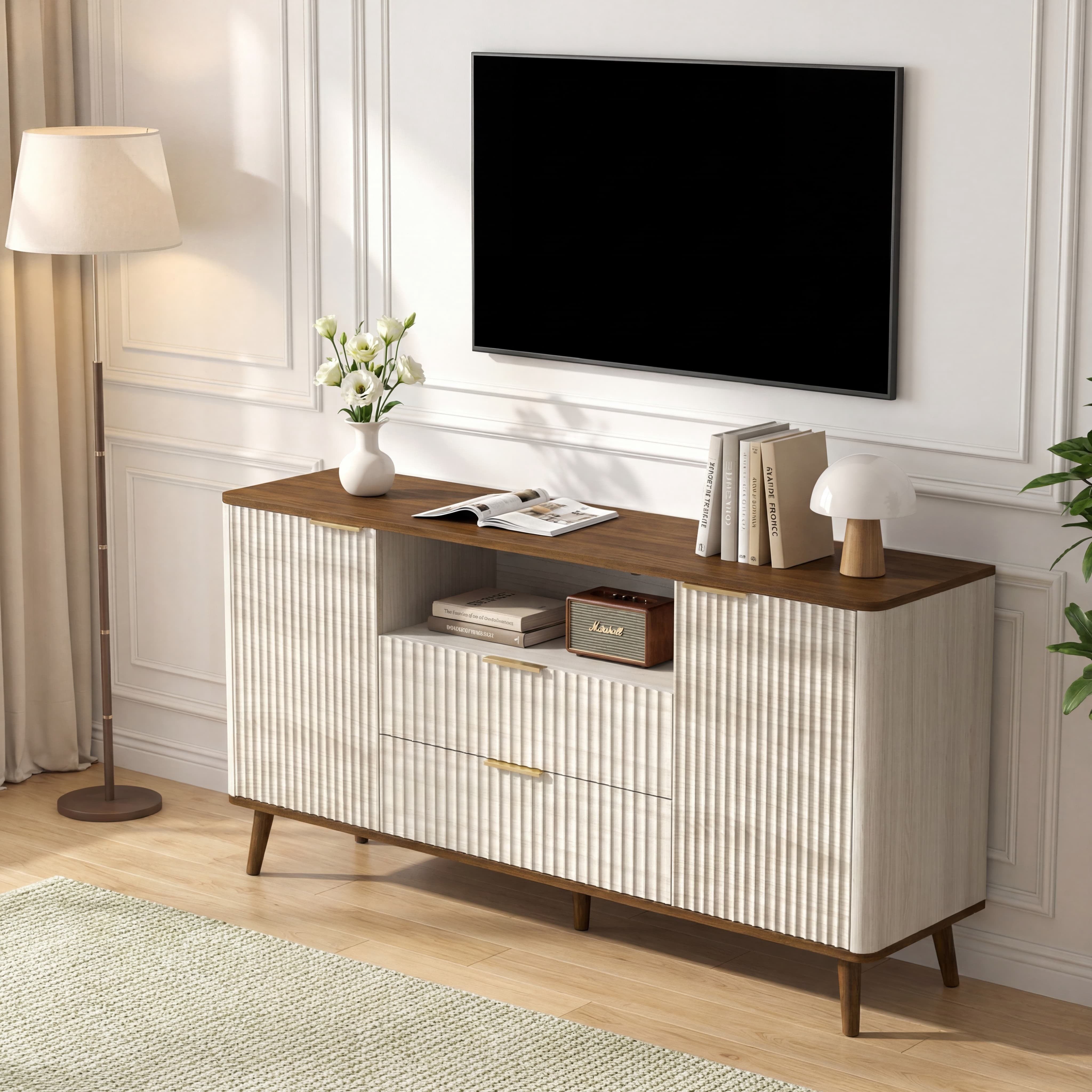 TrumanPick 55.3" Fluted TV Stand with LED Lights, Mid-Century Wood Entertainment Center for 65 Inch TVs, Beige&Walnut