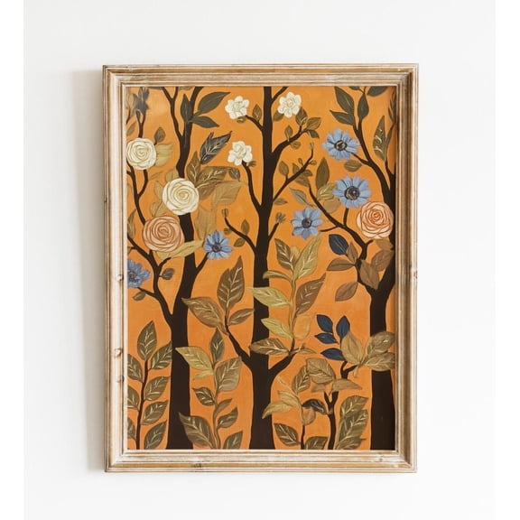 Vintage Folk Art Botanical Wall Art, Abstract Floral Bouquet, Grandmillennial Aesthetic Decor, 8x12 UNFRAMED