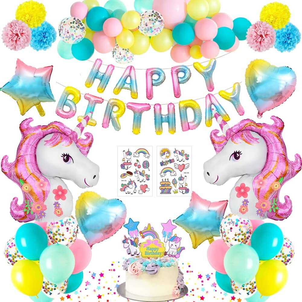 YANSION Unicorn Party Decorations Girls Birthday Party Supplies 3D Unicorn  Balloon Ice Cream Latex Balloons Summer Party with Happy Birthday Banner  Unicorn Party Balloons 