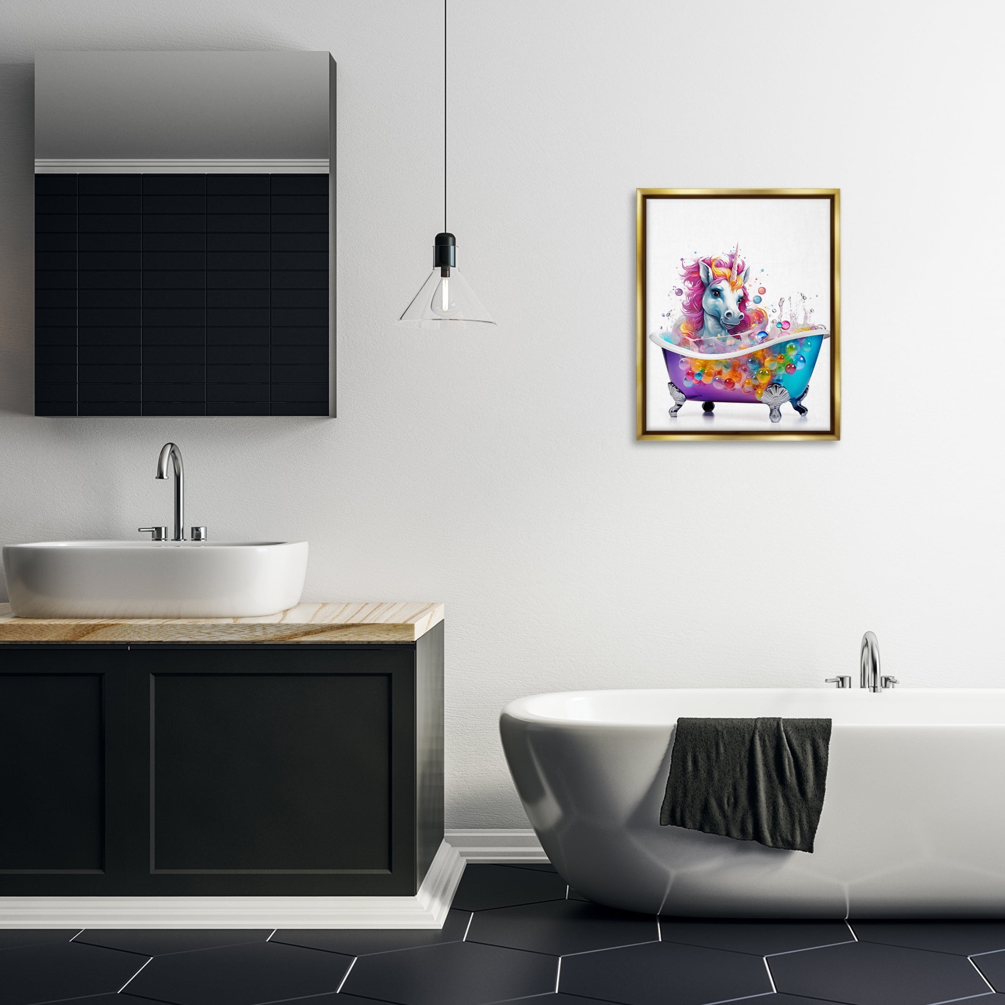 Stupell Industries Rainbow Bubbles Unicorn Typography Painting Gold Floater Framed Canvas Art Print Wall Art, 17 x 21