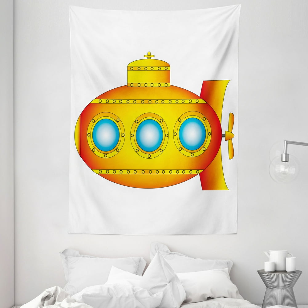 Yellow Submarine Decor Tapestry, Sea Theme a Submarine on White