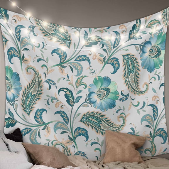 Teal Paisley Floral Large Tapestry for Bedroom Wall Hanging Tapestry, Boho Ethnic Tribe Traditional Ceiling Backdrop Tapestries Poster Blanket Wall Decor for Teens Room Living Room Dorm 100" x 59"