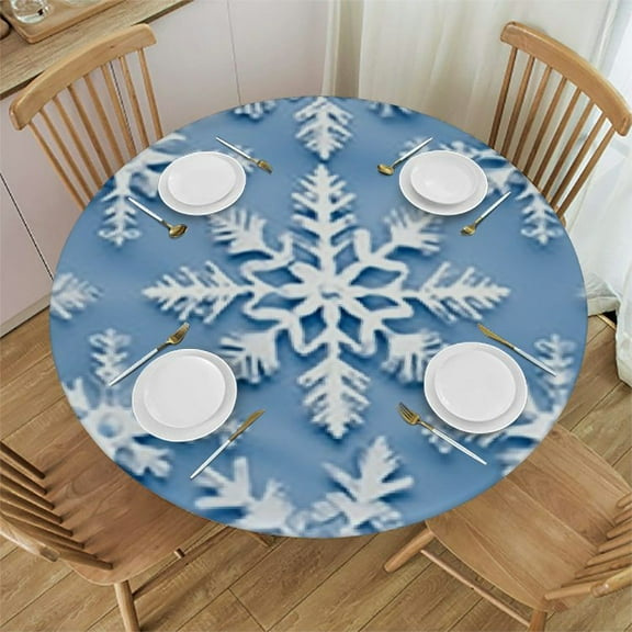 HAOXIT Christmas Snowflake Blue Round Tablecloth  Blue and White New Year Decor Holiday Snow Winter Table Cloth Polyester Fabric Washable Table Cover for Home Kitchen Outdoor Party 31-35